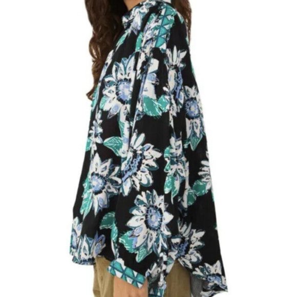 FREE PEOPLE Good Vibrations Printed Blouse Floral Black Green - Picture 2 of 7